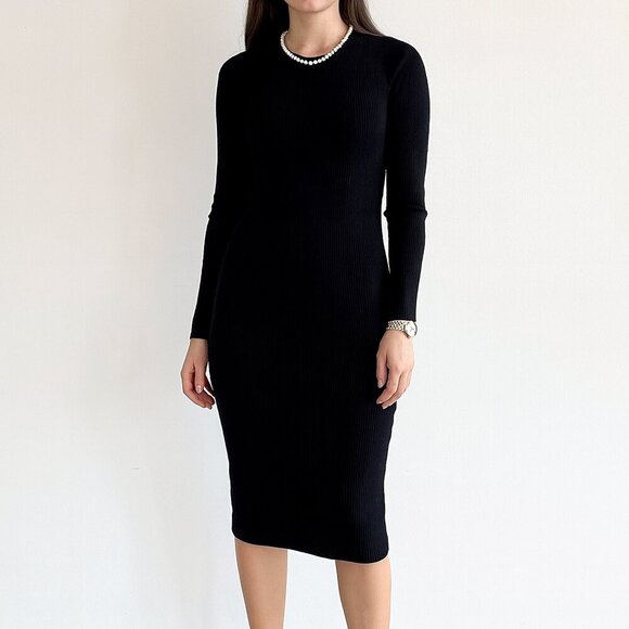Vince Preppy Fall Ribbed Long Sleeve Sweater Knit Bodycon Midi Dress Black XS - Picture 1 of 12